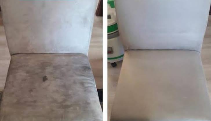 Cadeira estofada antes e depois da higienização